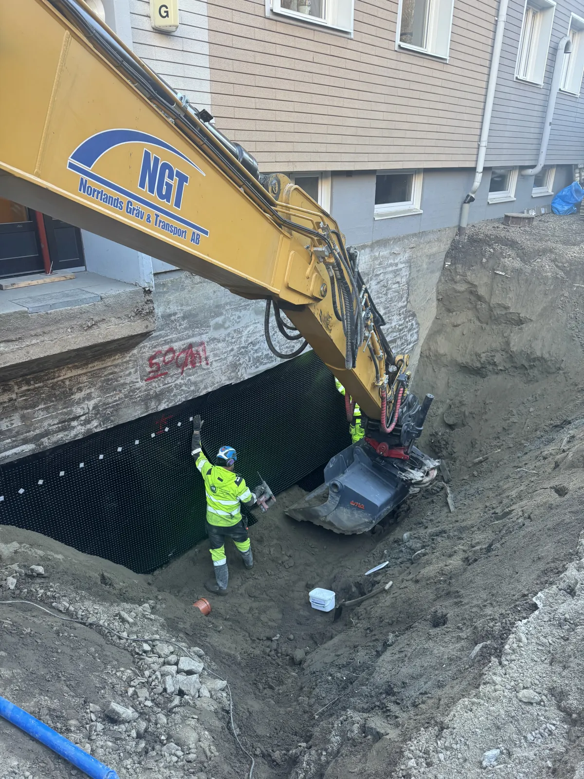 Husdränering - fuktskydd av grundmur, kvarteret Huggaren